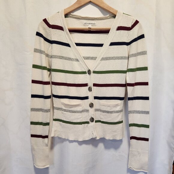 Aeropostale Cardigan Women's S/P Button Front Striped Long Sleeve V-Neck Pockets - Picture 1 of 6